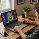 Player engaging in a strategic roulette game on JUN88 app at home workspace.