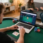 GA88 player engaging in an online poker game with cards and chips in a cozy environment.