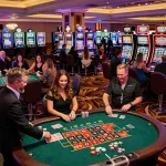 Players at a dynamic hm88 roulette table place bets in a vibrant Las Vegas casino atmosphere.