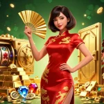Experience thrilling moments at Hit Club with a stunning Asian woman in a vibrant qipao, surrounded by slot reels and treasure.