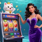 Nego77 players celebrating a jackpot win at a slot machine while a fortune cat mascot waves amidst flying coins and sports elements.