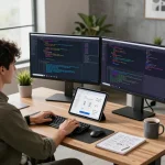 WPS software developer coding at a modern workspace with vibrant monitors