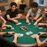 Friends engaging in an exciting poker game while enjoying their time together at home, showcasing the community spirit of J188 nhà cái.