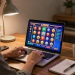 Engaging player enjoying U888 online casino slots on a modern laptop setup at home.