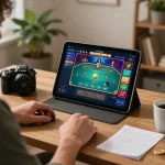 Player enjoying ALO8 online casino gaming on tablet in a cozy home setup with betting notes