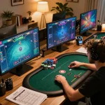 Excited player engaging with LODE88 poker game interface on their tablet.