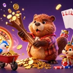 Experience luck8 with a vibrant casino scene featuring animated characters collecting coins and playing games.