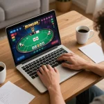 KONG88 player engaging in online poker game setup at home, emphasizing strategic gameplay.