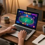 Player enjoying online poker at home, experiencing the thrill of o8 gaming on laptop