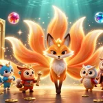 Engage in the vibrant world of UK88 with a mystical representation of a nine-tailed fox and an owl amidst rich casino treasure.