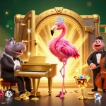Alo789 features lively casino moments with vibrant flamingo and hippo musicians, enhancing the gaming experience.