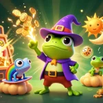 Experience sin88's thrilling gaming world with a wizard frog and chameleon amid golden coin storms.