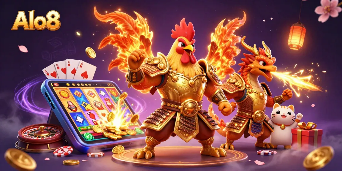 Alo8 showcases a dynamic game scene with a samurai rooster, dragon, and gambling elements.