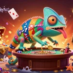 Experience the vibrant world of du88 with the chameleon casino owner amid colorful casino elements.