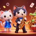 Experience the vibrant 8xx1 casino scene with cartoon characters enjoying slot games and treasures.