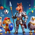 Engaging mb66 casino scene showcasing a knight, squire, and falcon amidst slot reels and sports betting elements.