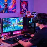Engaging gamer immersed in hentai games within a vibrant virtual environment, showcasing dynamic graphics and collectibles.