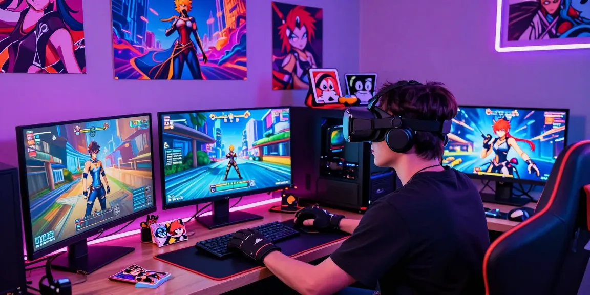 Engaging gamer immersed in hentai games within a vibrant virtual environment, showcasing dynamic graphics and collectibles.