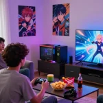 Exciting group playing hentaigames in a cozy living room with vibrant lighting.