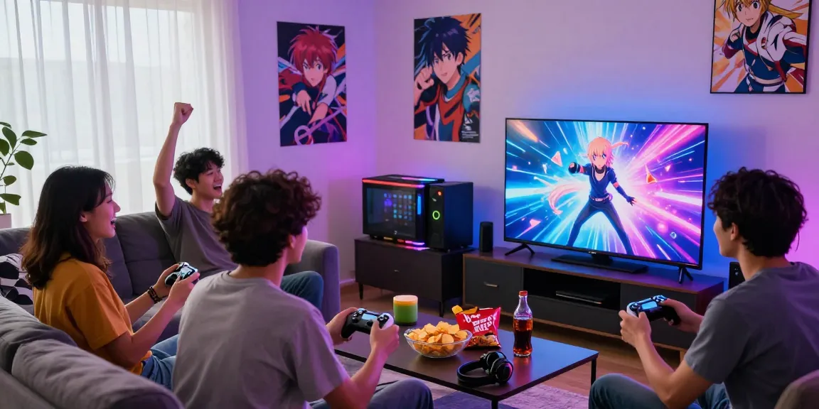 Exciting group playing hentaigames in a cozy living room with vibrant lighting.