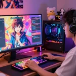 User enjoying hentai AI chat on a vibrant digital setup, showcasing animated characters and gaming accessories.