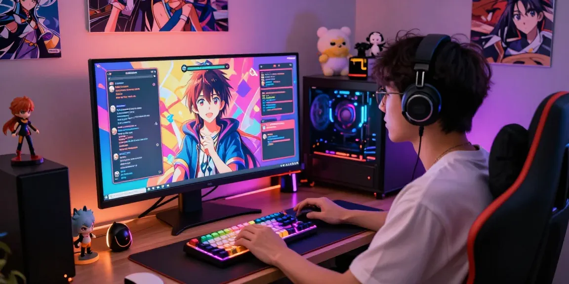 User enjoying hentai AI chat on a vibrant digital setup, showcasing animated characters and gaming accessories.