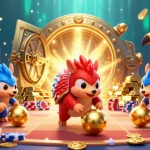 hubet pangolins compete in a vibrant casino scene with golden coins and poker chips.