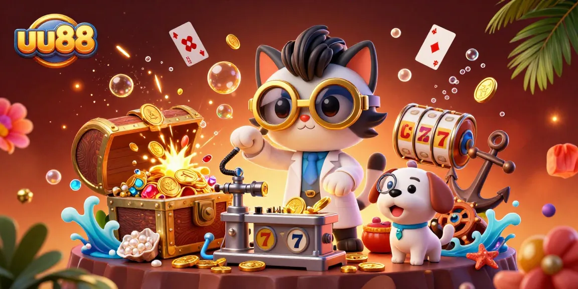 Win big with uu88 as mad scientist cat transforms coins in a lively casino scene.