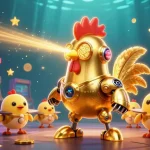 Engage with uu88's vibrant gaming scene featuring a golden rooster robot and baby chick drones amidst lively casino elements.