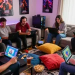 Adults enjoying hentaigames in a cozy living room with gaming devices and snacks