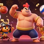 Experience the excitement of xx88com with dynamic action featuring a sumo wrestler rooster and a fierce cricket in a vibrant casino scene.