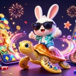 Experience thrilling gameplay at llwin with a lucky rabbit and golden sea turtle in a vibrant casino setting.