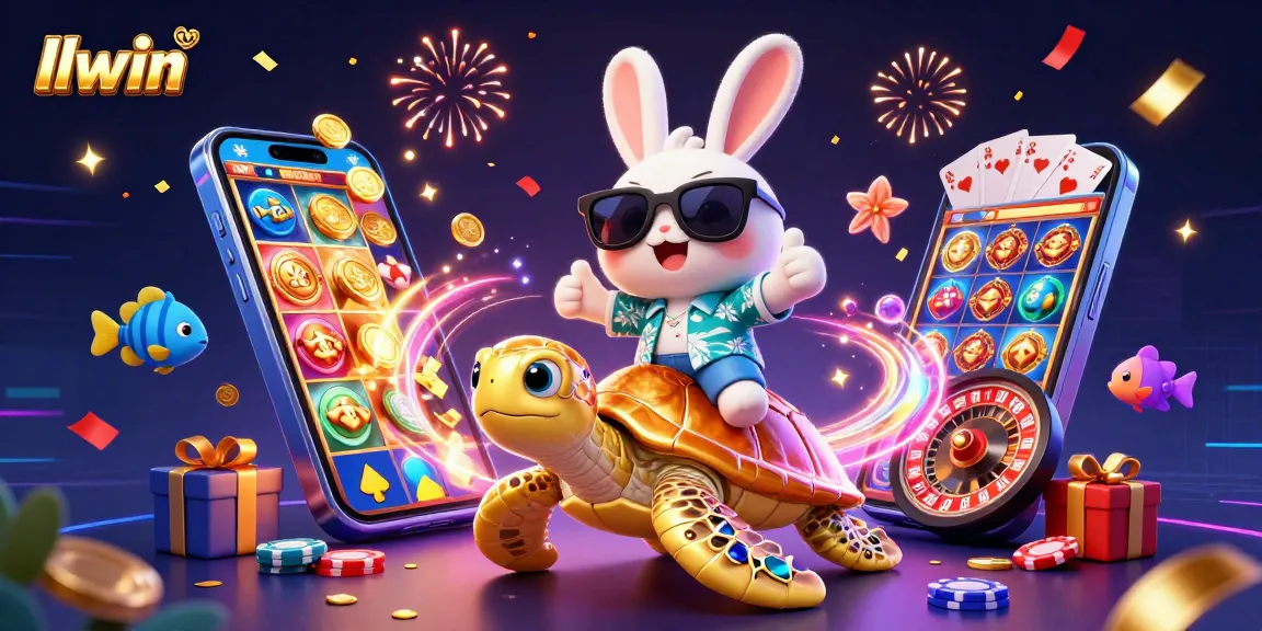 Experience thrilling gameplay at llwin with a lucky rabbit and golden sea turtle in a vibrant casino setting.