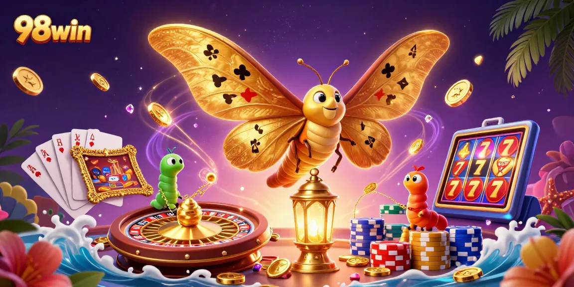 Win big at 98win with this captivating casino scene featuring golden coins and vibrant game elements.