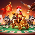 Join the excitement of keonhacai55 with a dynamic scene featuring a warlord, poker table, and vibrant casino elements.