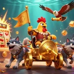 Experience the excitement of Sunwin with a vibrant illustration featuring a rooster warlord, golden chariot, and cascading jackpots.