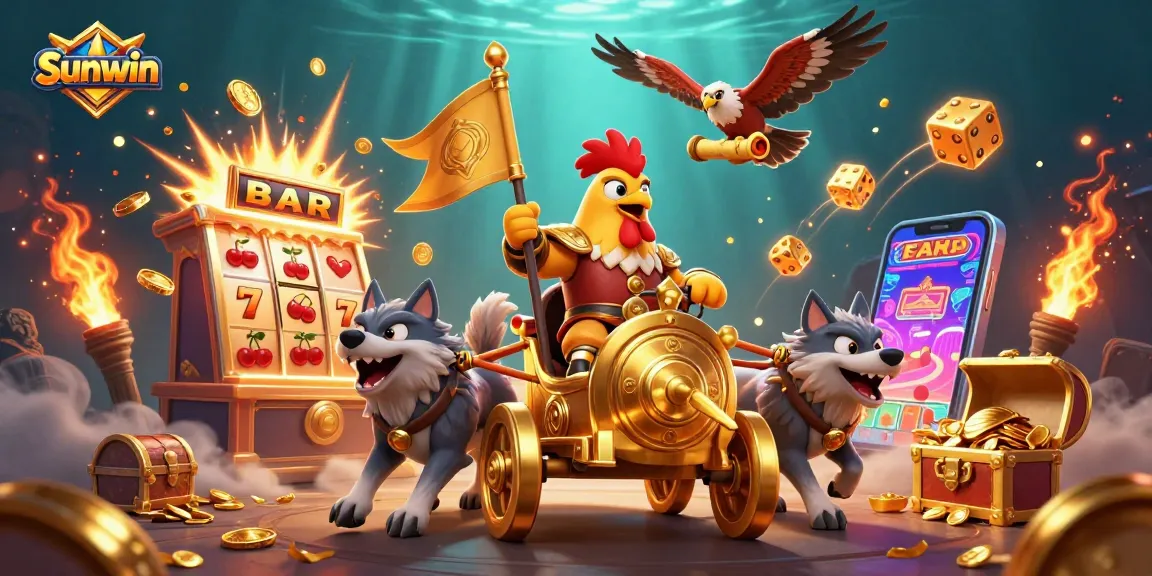 Experience the excitement of Sunwin with a vibrant illustration featuring a rooster warlord, golden chariot, and cascading jackpots.