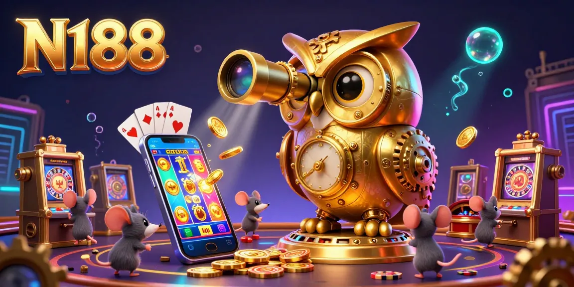 N188 combines a golden owl and playful mice in a vibrant casino scene with thrilling games.