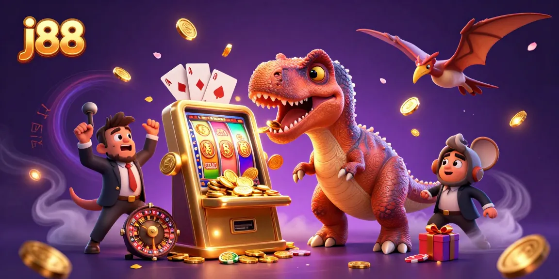 j88 players enjoying jackpot wins with dynamic 3D illustration of casino excitement