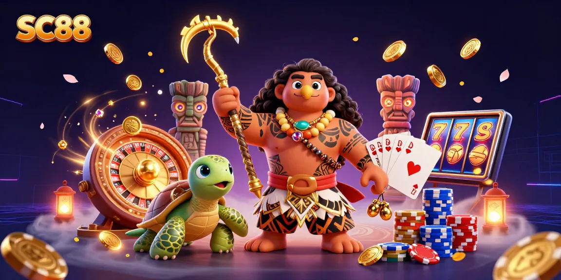 Experience excitement with SC88 in a vibrant casino scene featuring a demigod hawk and gemstone treasures.