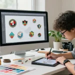 Designer creating unique custom pins with vibrant materials in a bright studio