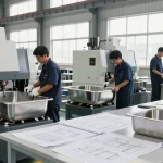 Stainless steel basin factory with skilled workers using advanced machinery in a clean industrial setting.