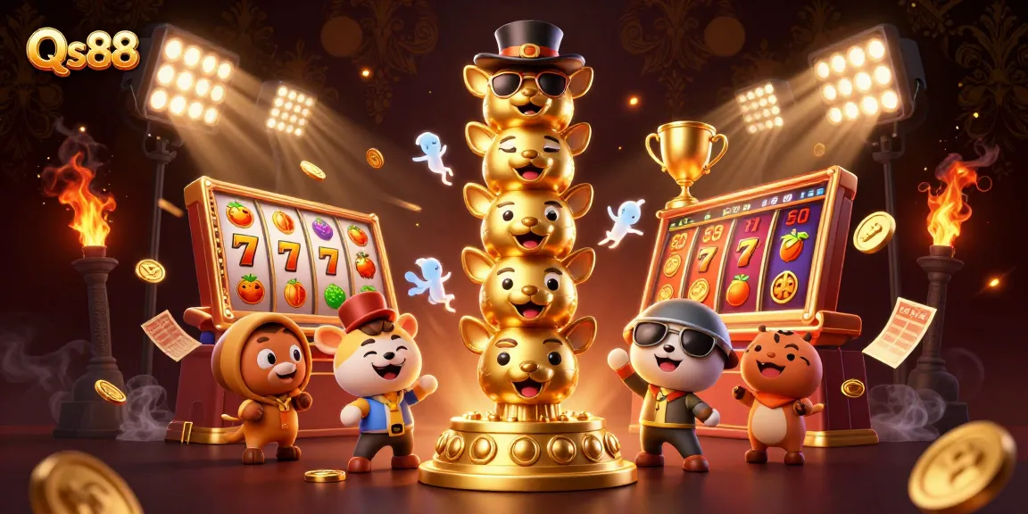 Experience thrilling gaming action at Qs88 with a vibrant casino-themed illustration featuring dynamic slot elements.