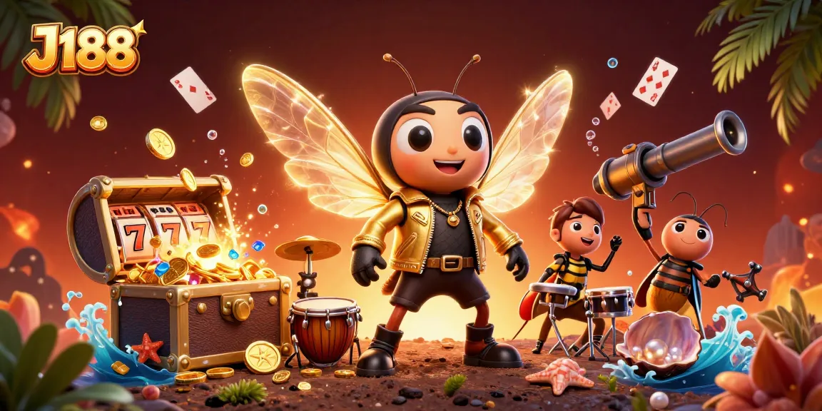 Experience J188 with a vibrant 3D casino scene showcasing cartoon characters and slot elements.