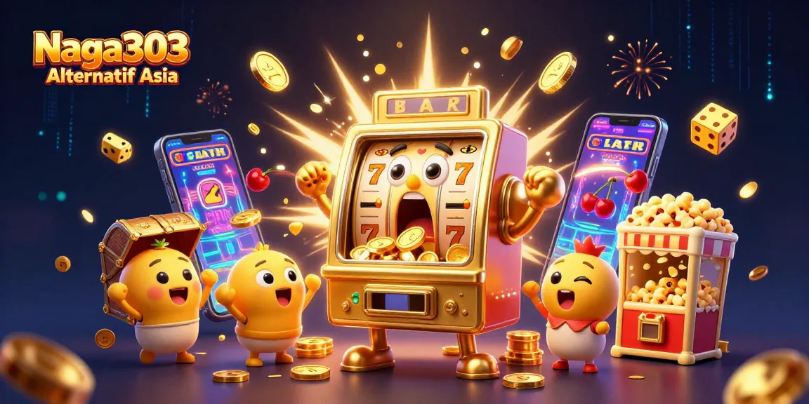 Naga303 Alternatif Asia showcases a vibrant jackpot scene with animated slot machines celebrating winning moments.