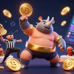 Experience fly88 excitement with a powerful cartoon beetle champion amidst golden tokens and crypto coins.
