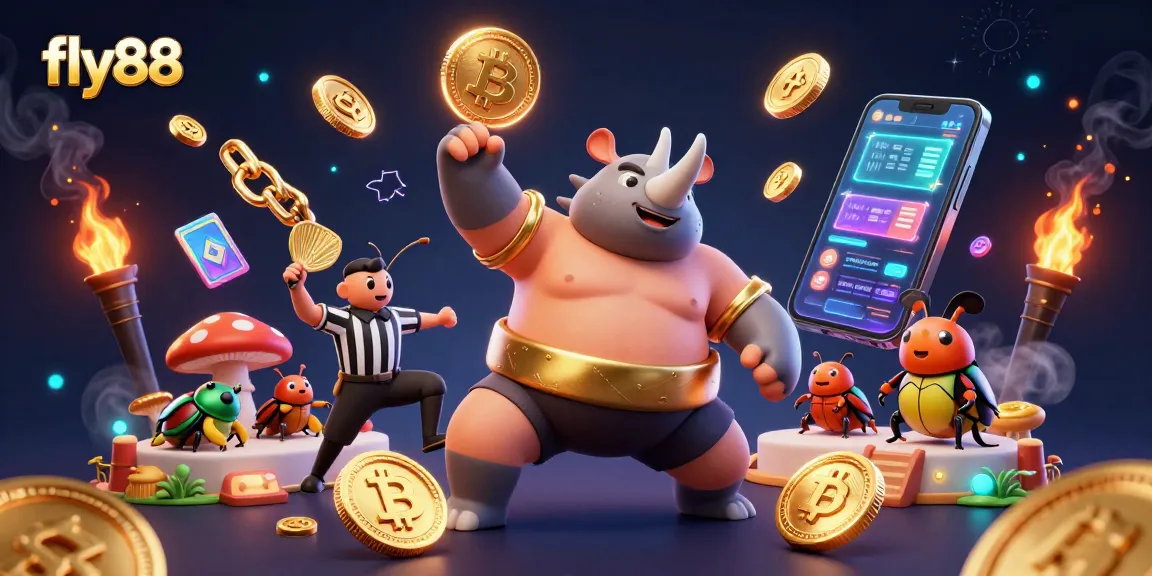 Experience fly88 excitement with a powerful cartoon beetle champion amidst golden tokens and crypto coins.